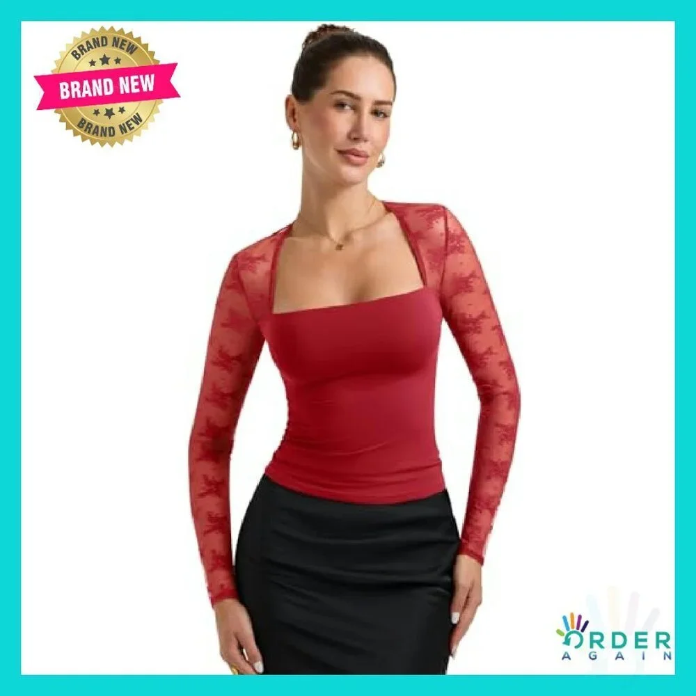 Square Neck Lace Long Sleeve Top Y2K Slim Fit Elegant Going Out Shirt
